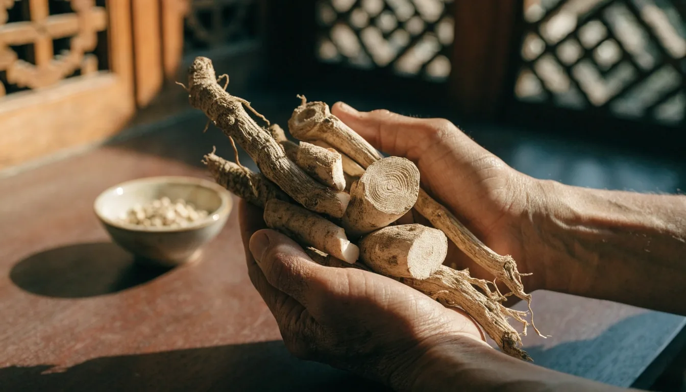 Hands cradling dried botanical root on a warm-lit counter in the PrimaVita store in Kuta, Bali