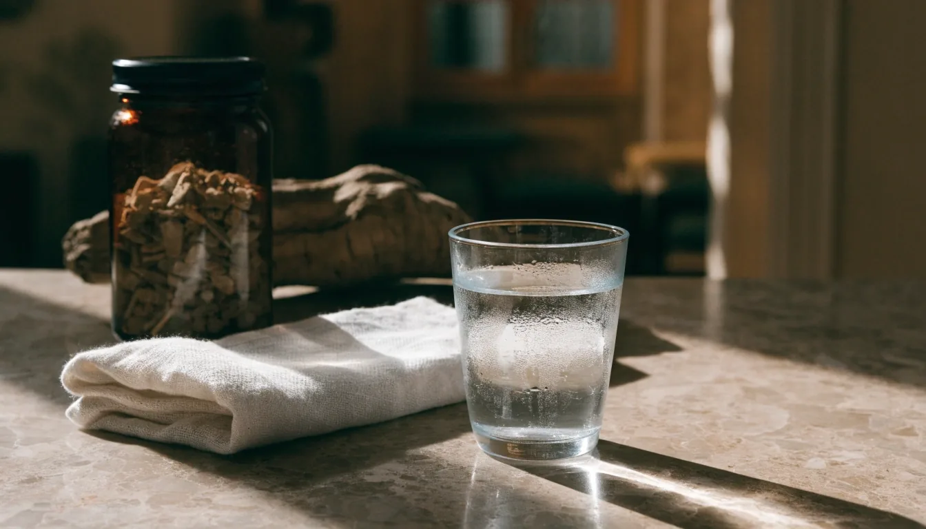 A jar of natural supplements and dried botanical root on a warm stone counter in late afternoon light