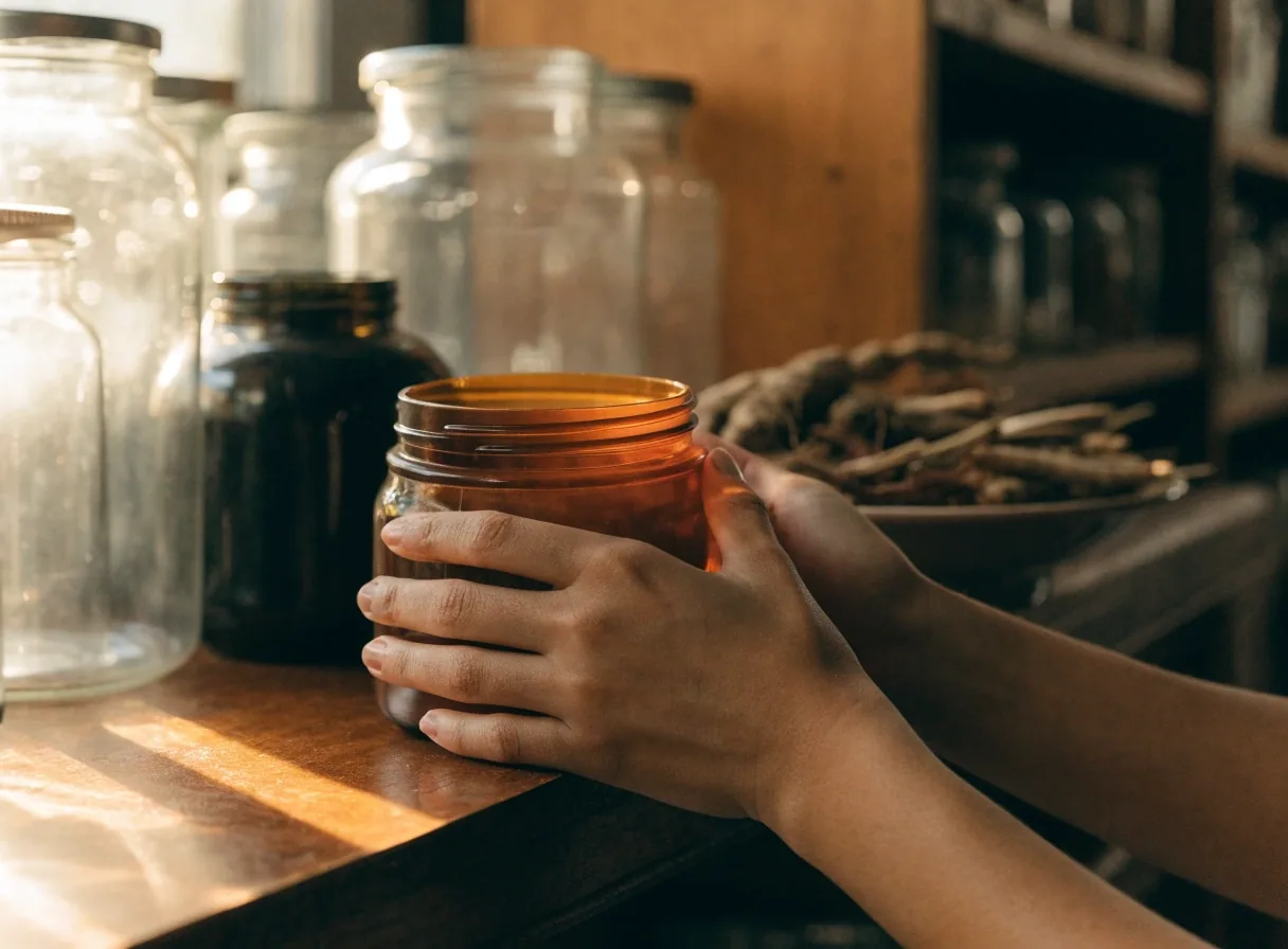 Hands lifting a supplement jar from a warm-lit wooden shelf of natural men's wellness products
