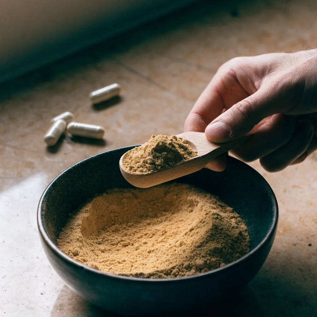 Dark ceramic bowl with botanical powder and capsules on a warm-lit stone counter