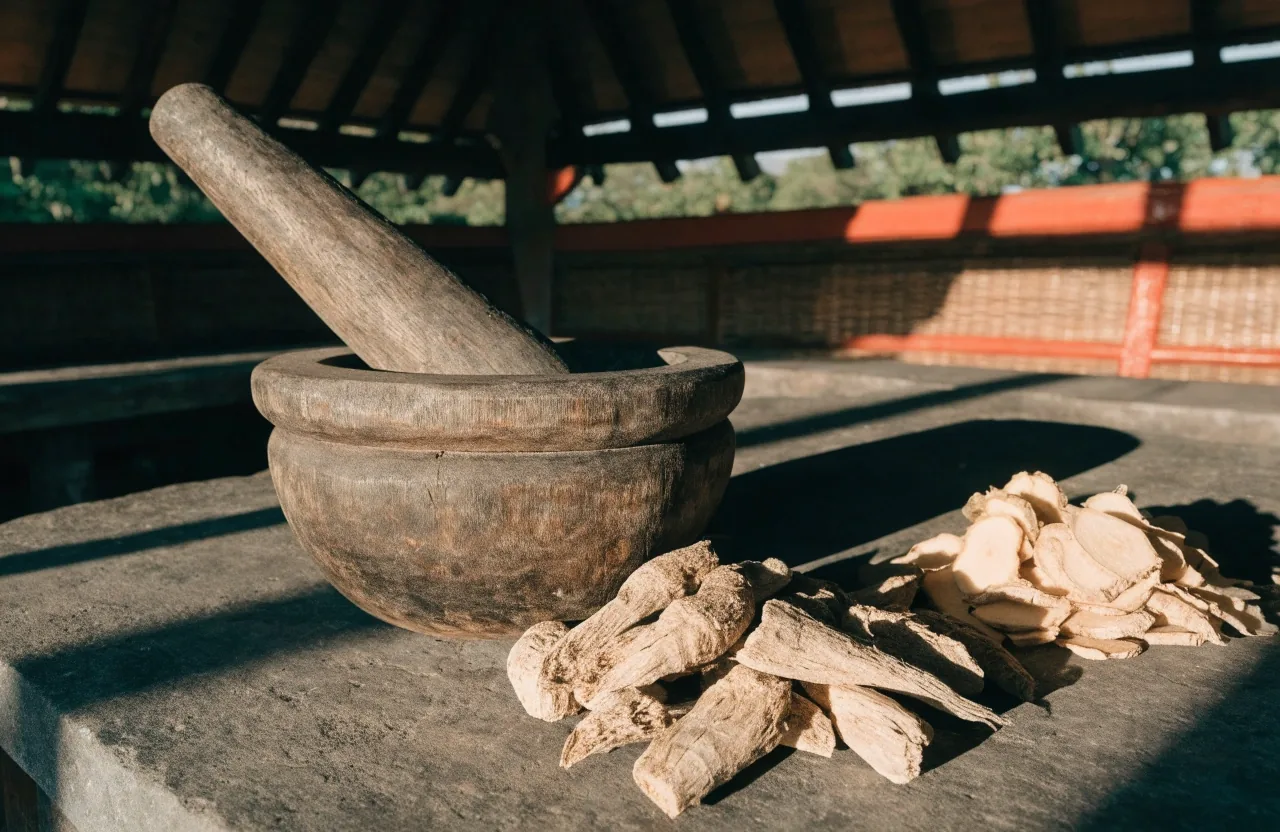 Dried maca root pieces scattered across dark warm stone in hard afternoon light
