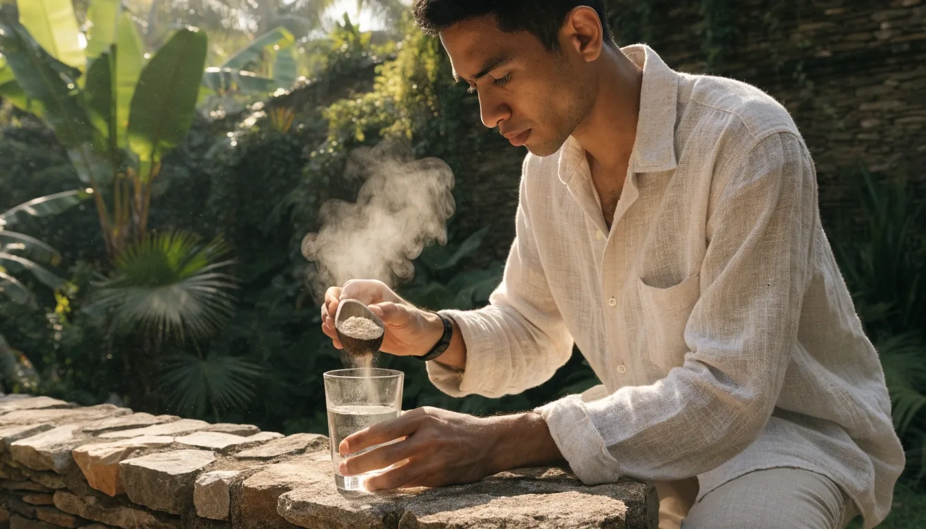 Warm-lit stone deck in Bali with a water bottle and towel resting in low morning light