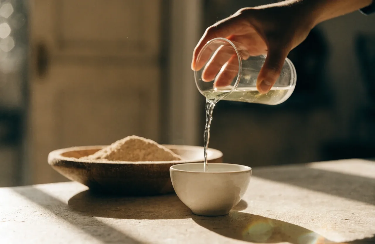 Shallow ceramic bowl of milled botanical powder on a warm stone counter under hard late-afternoon light