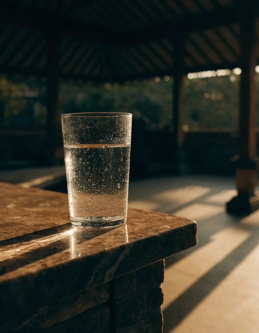 A glass of water beading with condensation at the edge of a warm dark stone counter