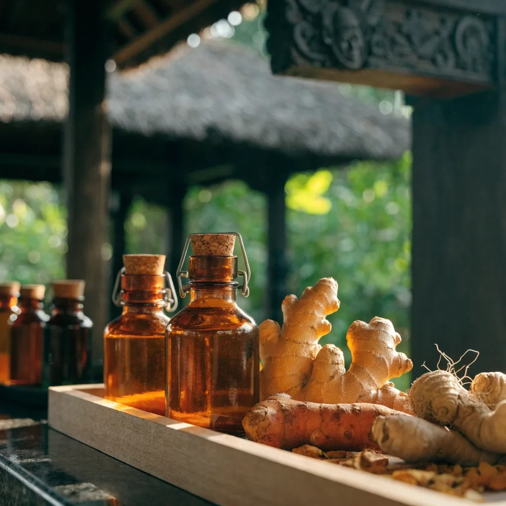 Steam drifting across a wet stone deck beside a plunge pool in a warm-lit Balinese interior courtyard