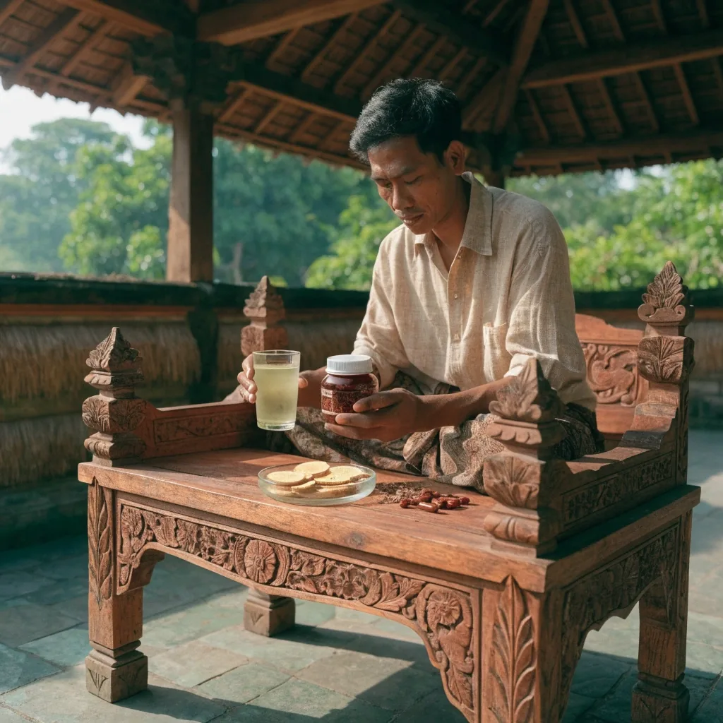 Hands resting on a warm stone counter beside a glass of water and an open jar of capsules