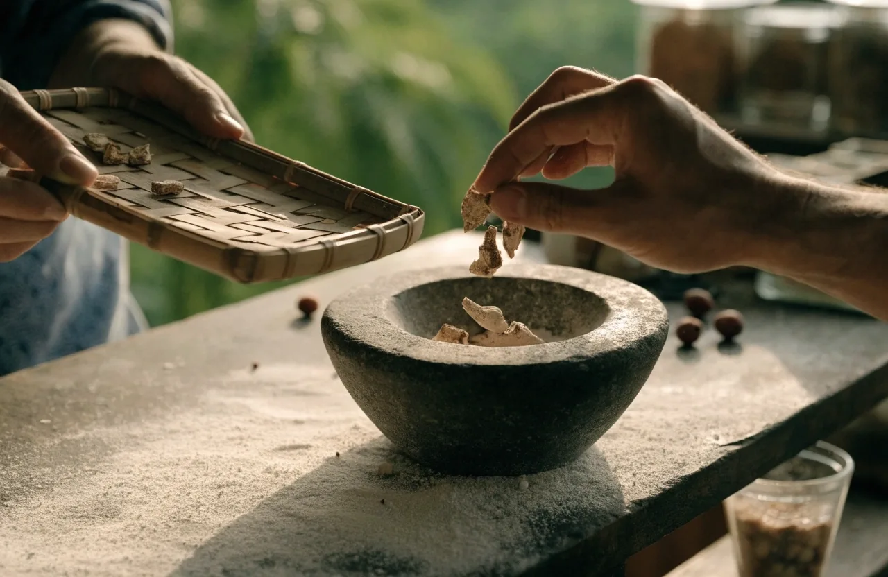 Milled botanical powder in a ceramic dish beside separate piles of dried root pieces and berries on dark stone