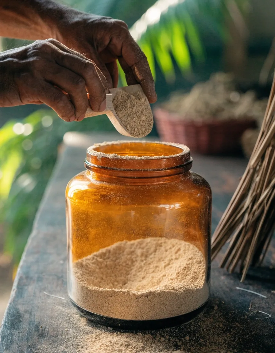 Open bowl of milled botanical root powder and a glass of water on a warm-lit stone shelf