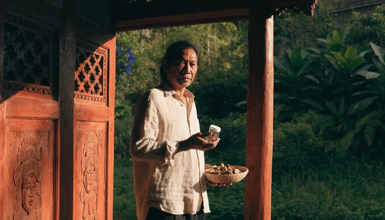 Warm-lit Balinese interior with a wooden shelf of plain unmarked jars and a bowl of dried roots