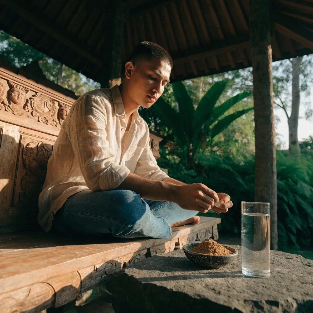 Milled botanical powder mid-pour into a dark ceramic bowl on warm stone