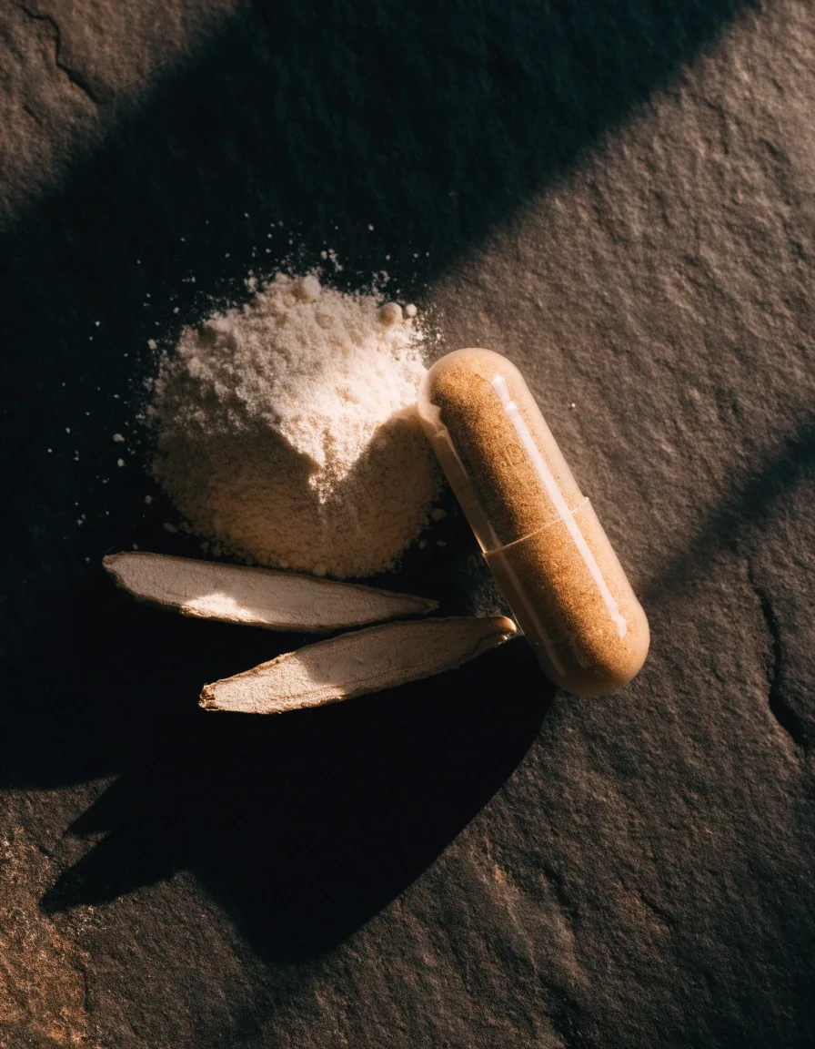 One capsule beside botanical powder and dried root slices on dark warm stone