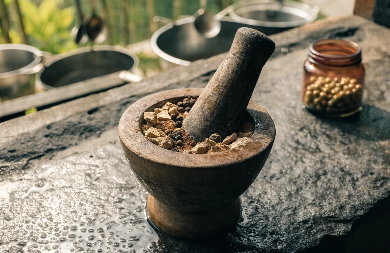 Wet stone counter at late afternoon with loose dried botanical pieces