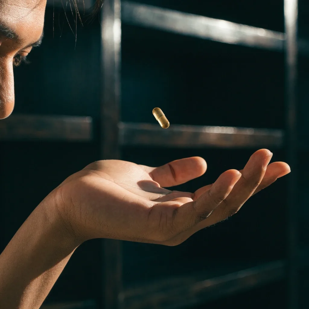A single capsule falling into an open cupped hand in warm low light