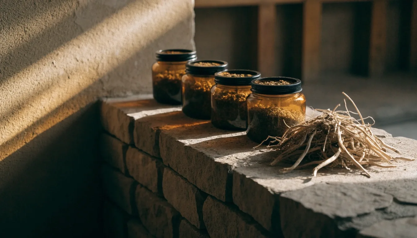 A stone shelf with amber supplement jars and dried botanical root in a warm-lit interior
