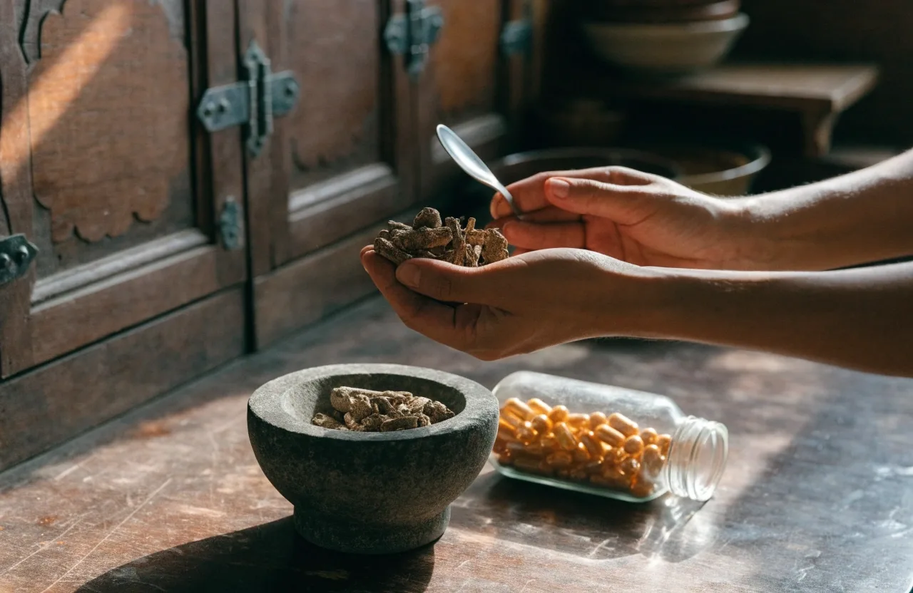 A ceramic bowl of milled botanical powder on a dark stone counter in warm afternoon light